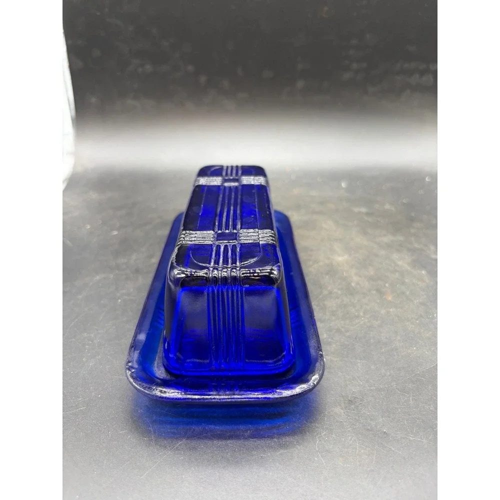 Hazel Atlas Cobalt Blue Glass Butter Dish Moderntone Art Deco Vintage 2 Piece